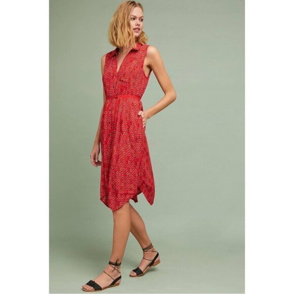 Anthropologie Maeve Vicki Red Sleeveless Button-down Shirt Dress Red Geometric 9 - Picture 2 of 16
